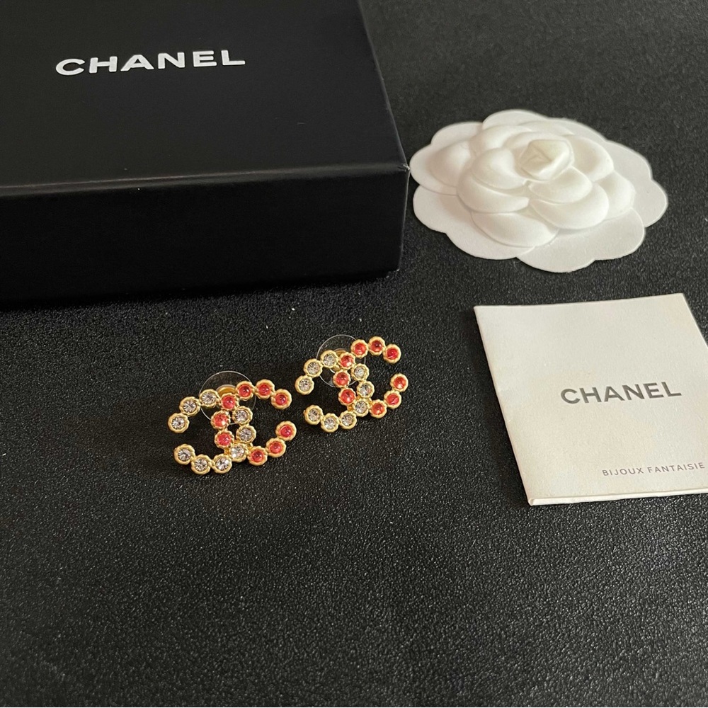 CHANEL Gold Earrings with Red and White Crystals - Picture 2 of 4